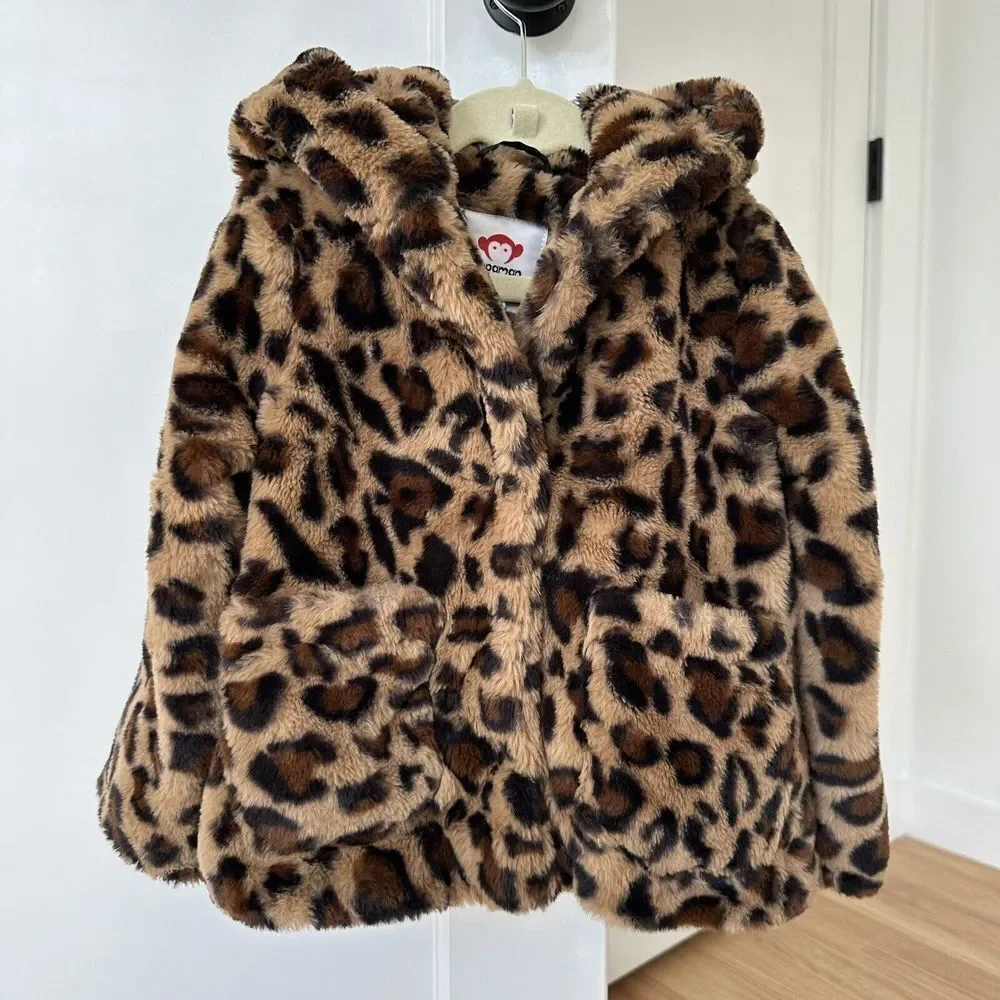Appaman Girls Cleo Tan  Black Leopard Faux Fur Hooded Teddy Coat‎ Jacket Size 4 - Picture 2 of 14